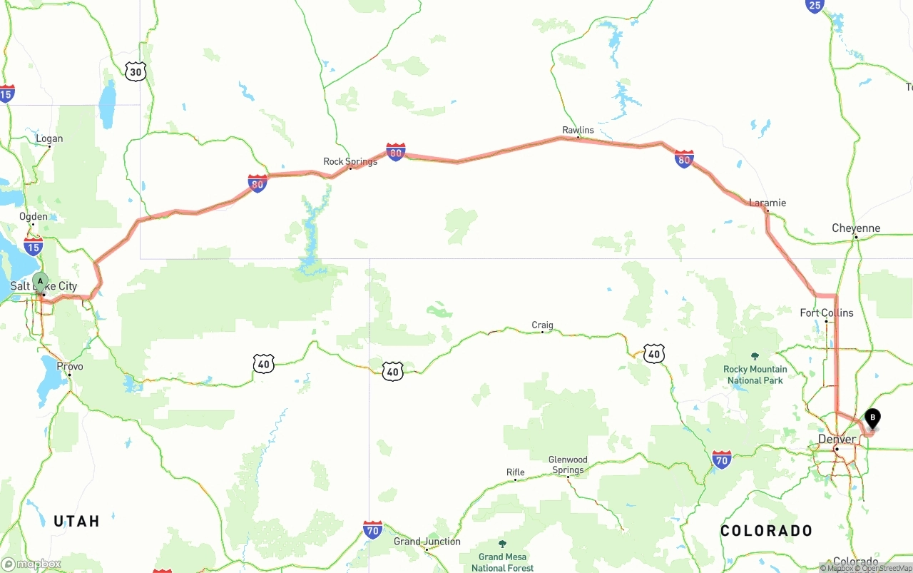 Shipping route from Salt Lake City to Denver International Airport