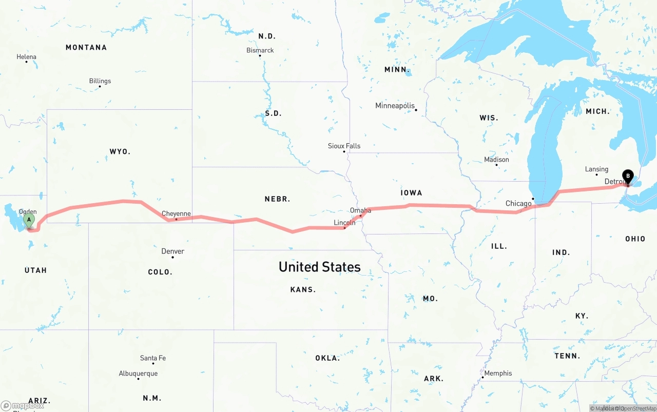Shipping route from Salt Lake City to Detroit