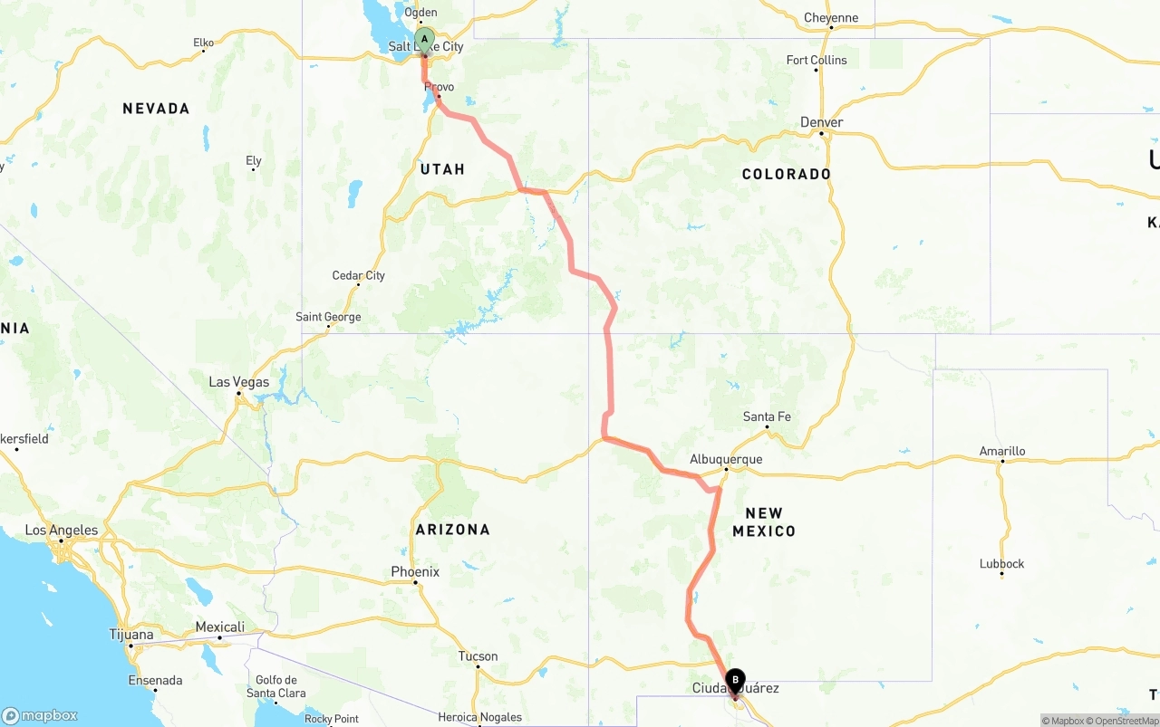 Shipping route from Salt Lake City to El Paso