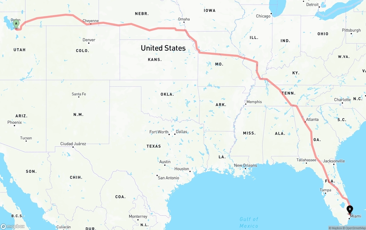 Shipping route from Salt Lake City to Ft. Lauderdale
