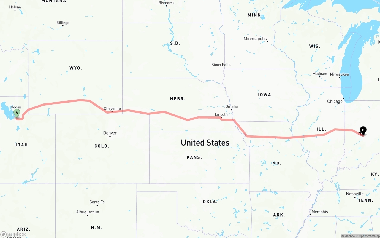 Shipping route from Salt Lake City to Indianapolis