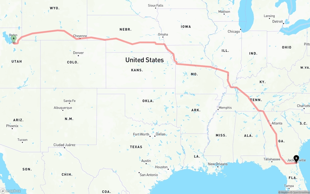 Shipping route from Salt Lake City to Jacksonville