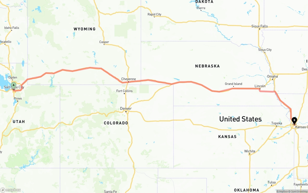 Shipping route from Salt Lake City to Kansas City