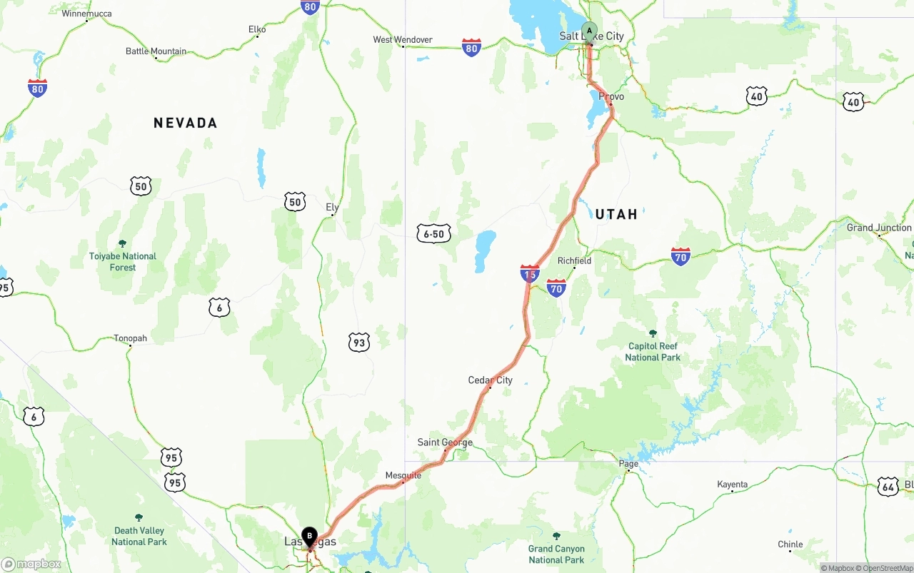 Shipping route from Salt Lake City to Las Vegas