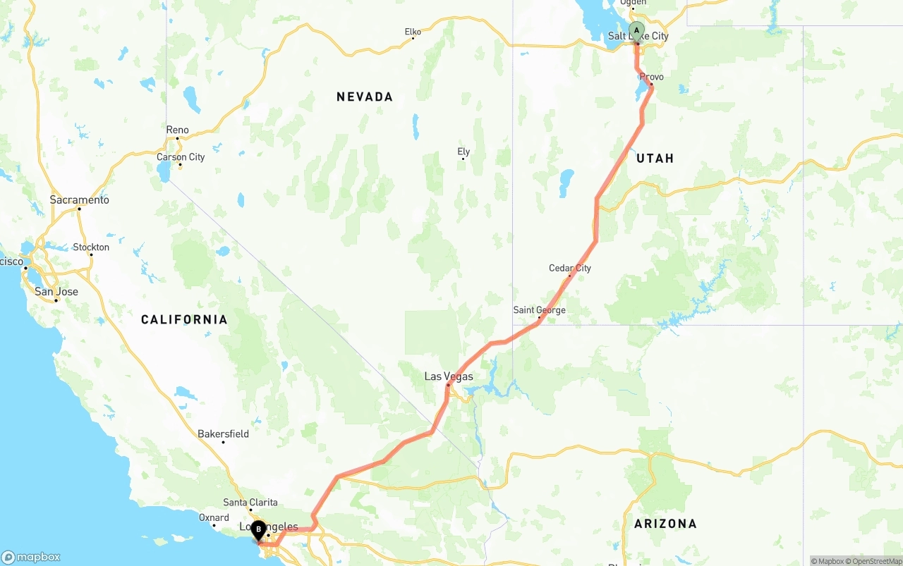 Shipping route from Salt Lake City to Los Angeles International Airport