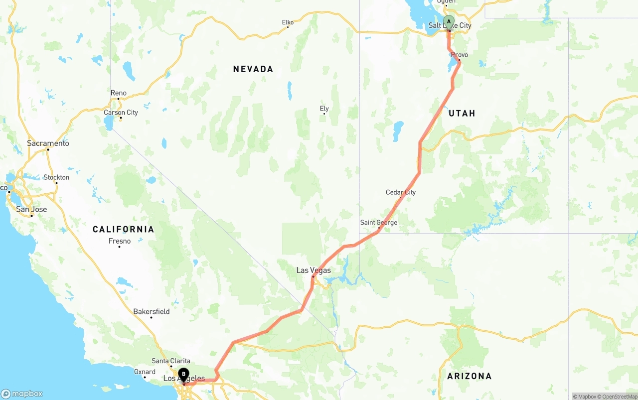 Shipping route from Salt Lake City to Los Angeles