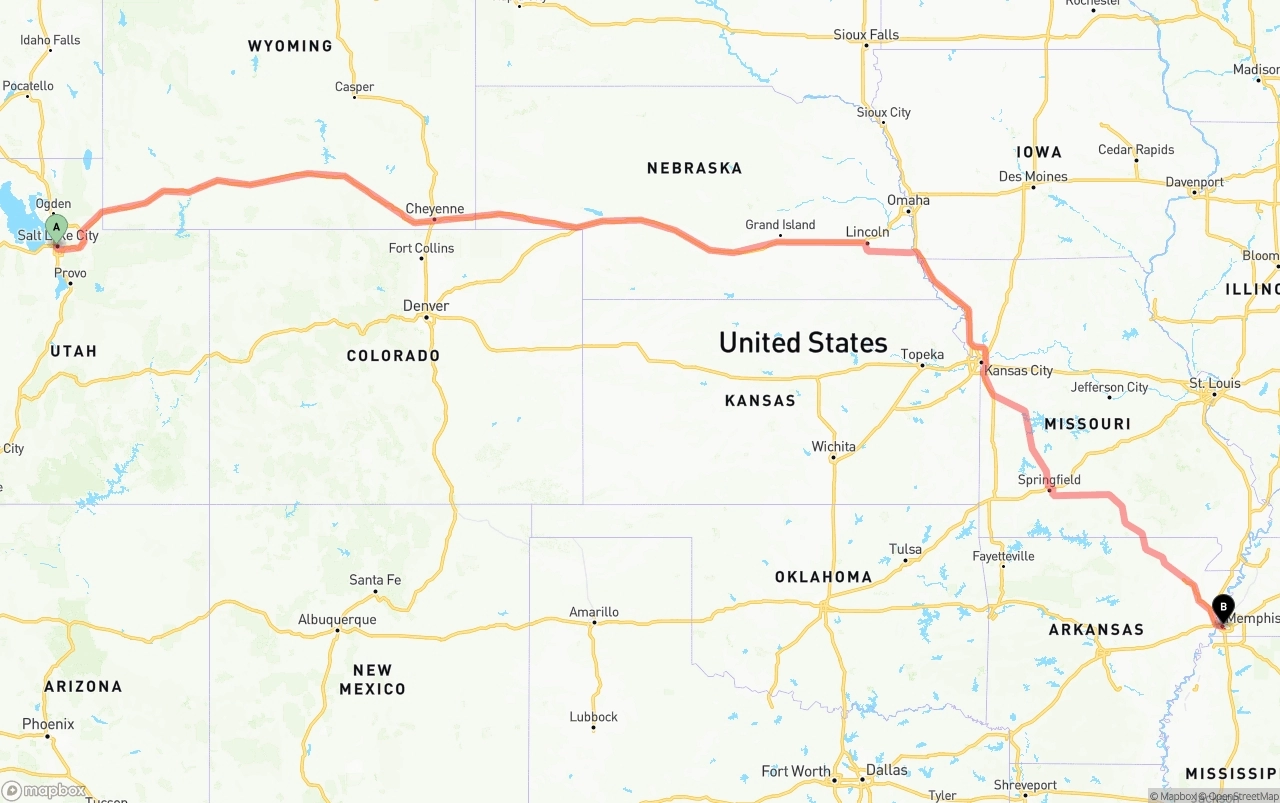 Shipping route from Salt Lake City to Memphis