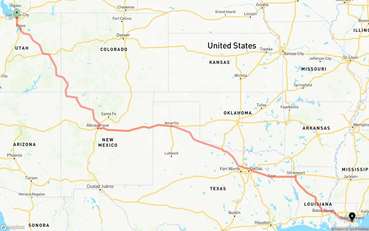 Shipping route from Salt Lake City to New Orleans
