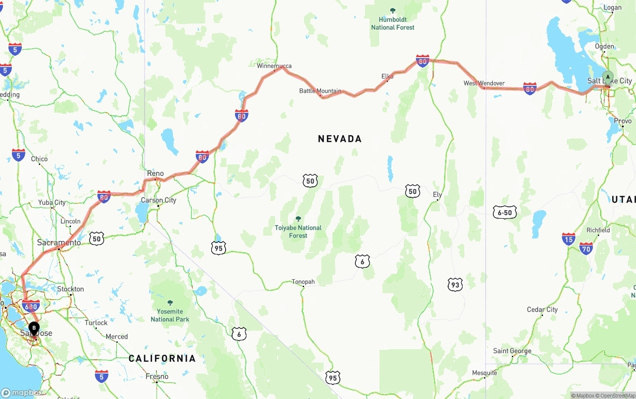 Shipping route from Salt Lake City to Norman Y. Mineta San Jose International Airport