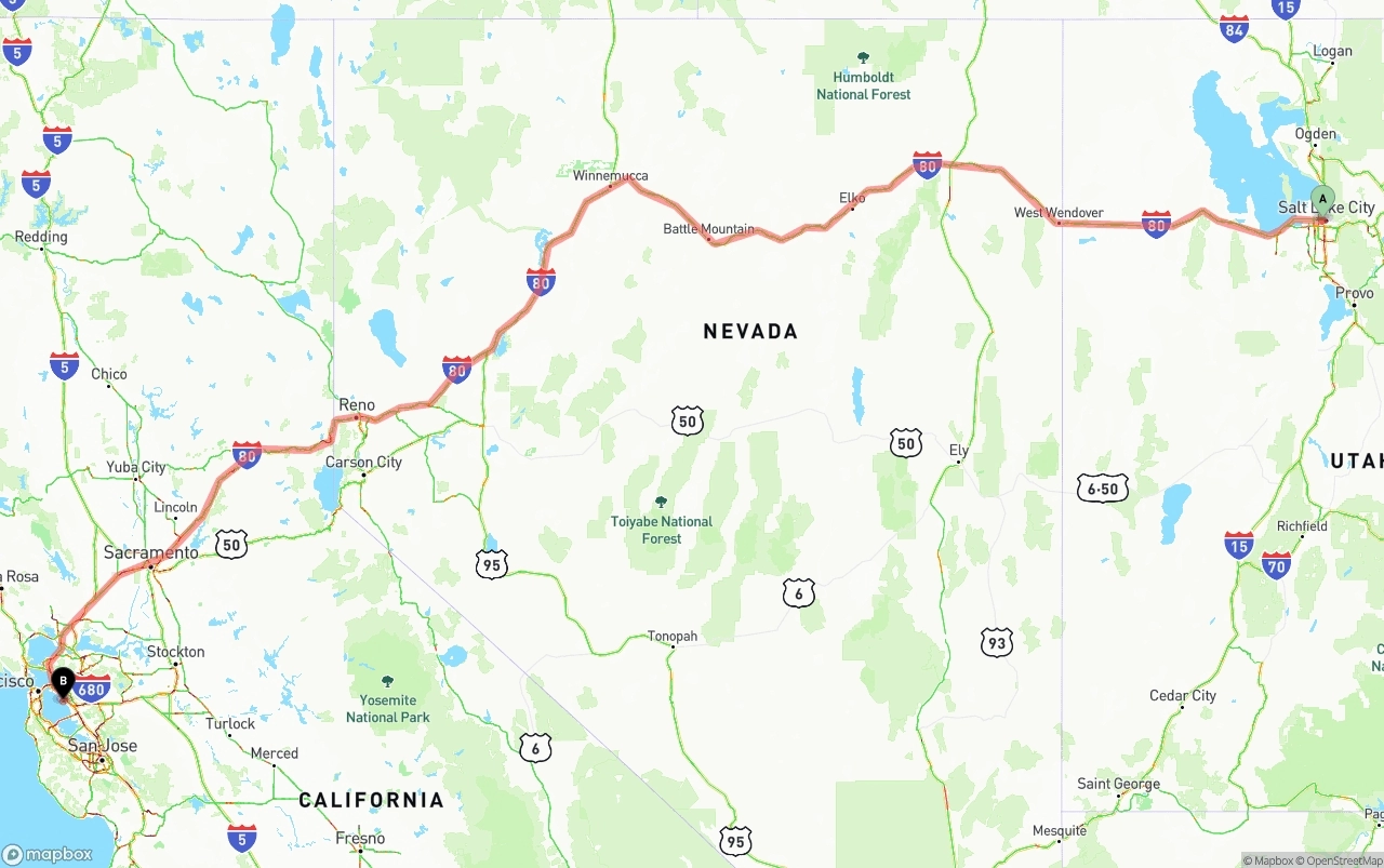 Shipping route from Salt Lake City to Oakland International Airport