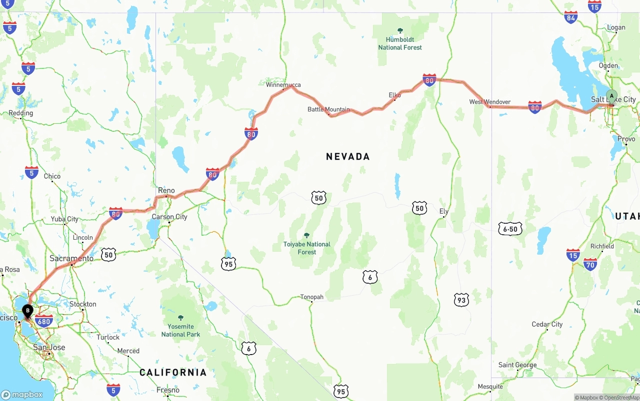 Shipping route from Salt Lake City to Oakland