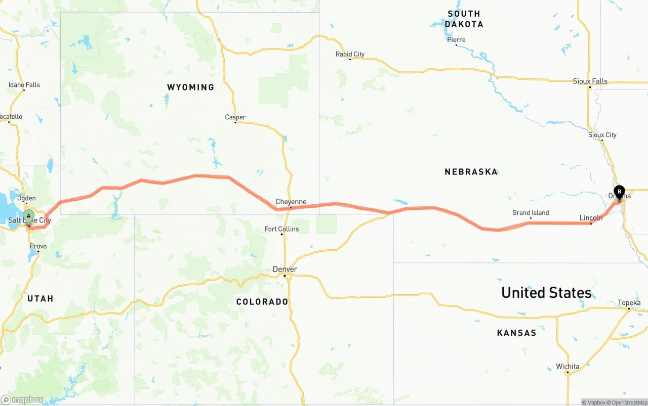Shipping route from Salt Lake City to Omaha
