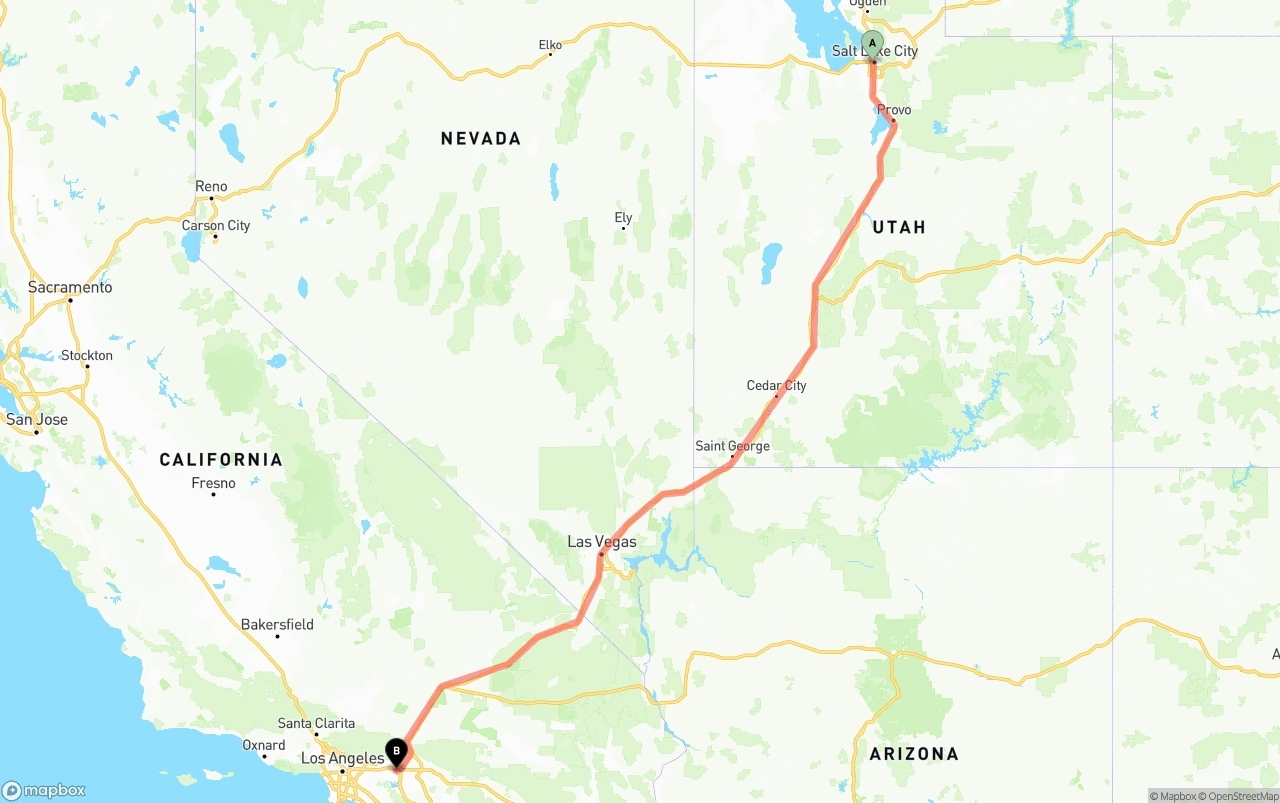 Shipping route from Salt Lake City to Ontario International Airport