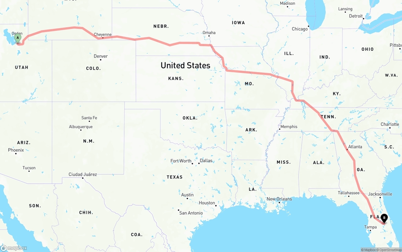 Shipping route from Salt Lake City to Orlando International Airport