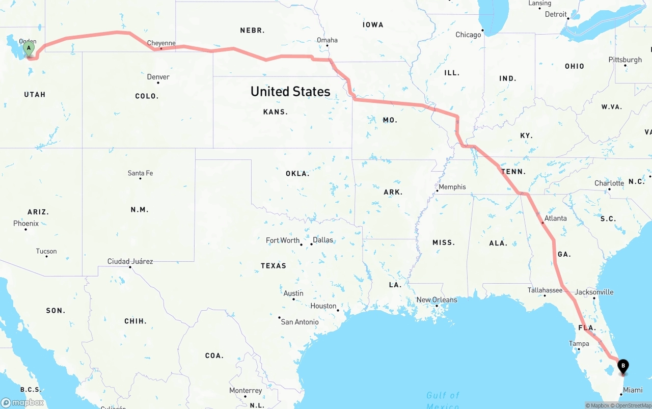 Shipping route from Salt Lake City to Palm Beach International Airport