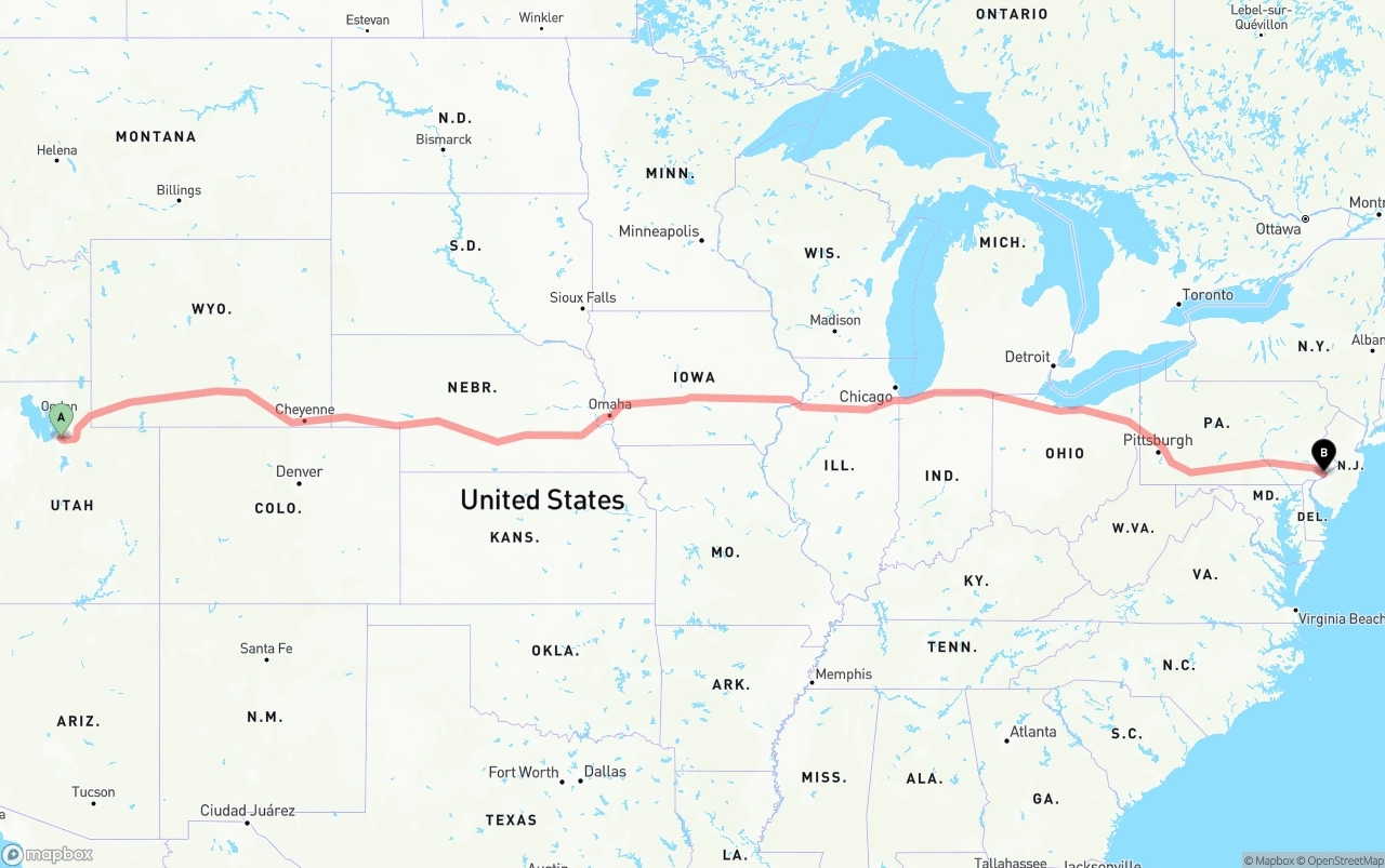 Shipping route from Salt Lake City to Philadelphia