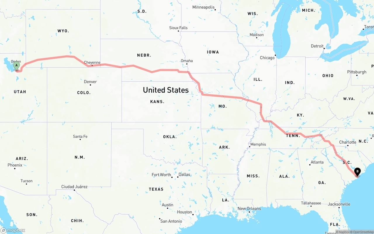 Shipping route from Salt Lake City to Port of Charleston