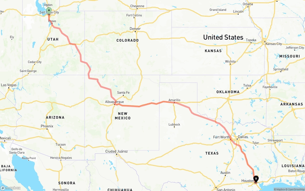 Shipping route from Salt Lake City to Port of Houston