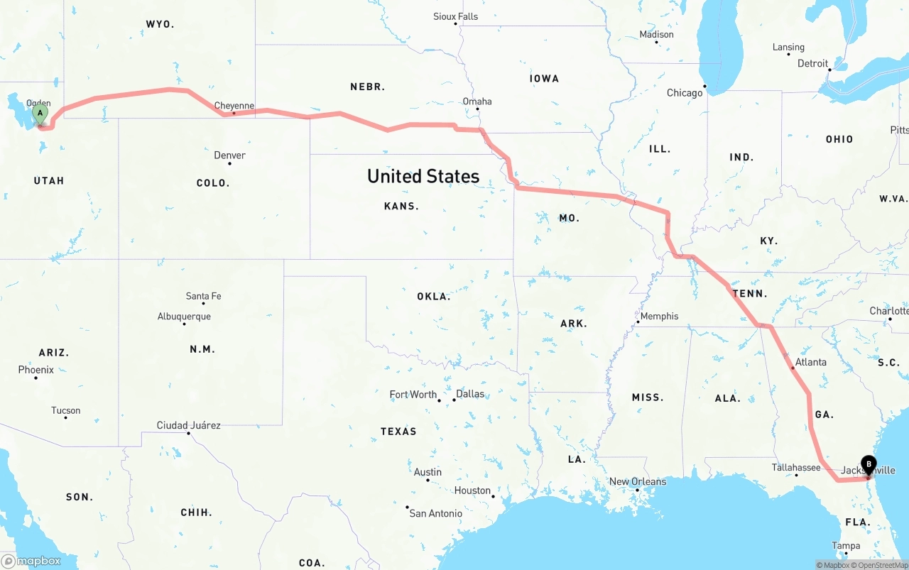 Shipping route from Salt Lake City to Port of Jacksonville