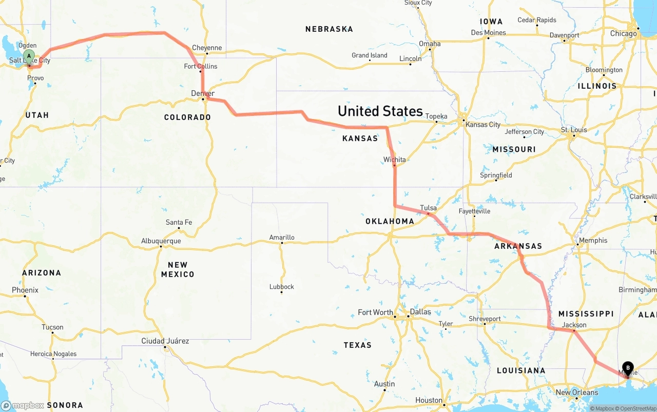Shipping route from Salt Lake City to Port of Mobile