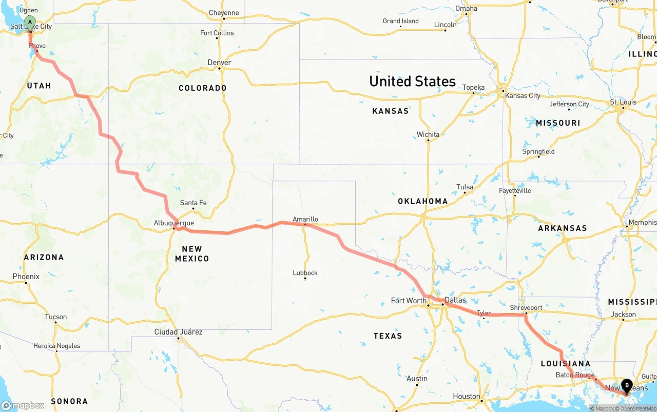 Shipping route from Salt Lake City to Port of New Orleans