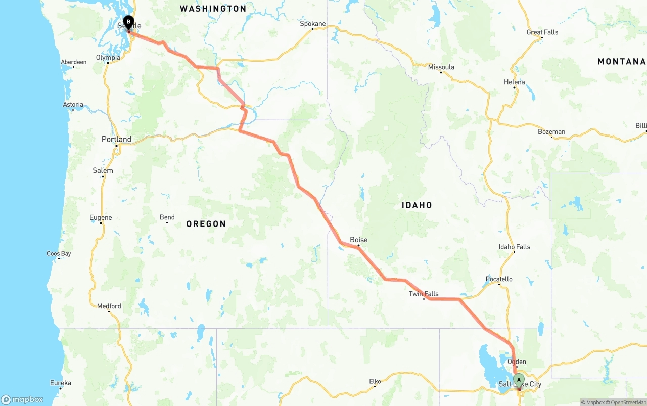 Shipping route from Salt Lake City to Port of Seattle