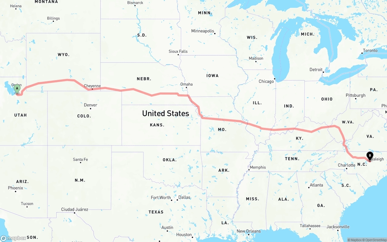 Shipping route from Salt Lake City to Raleigh