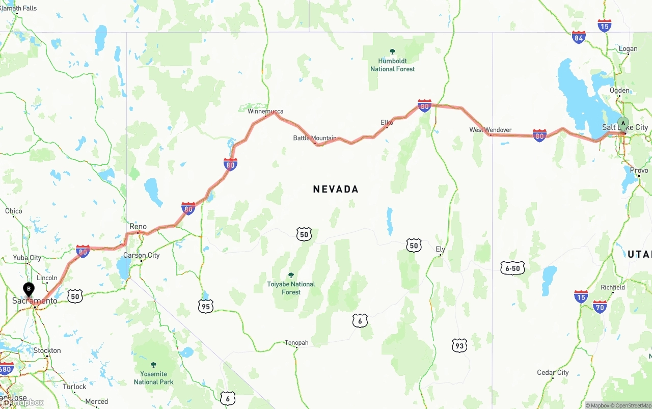 Shipping route from Salt Lake City to Sacramento International Airport