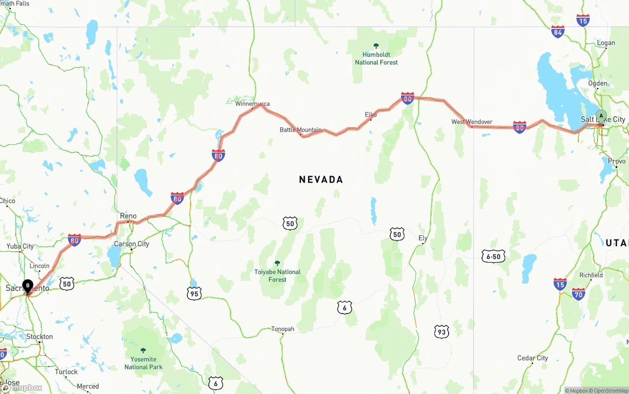 Shipping route from Salt Lake City to Sacramento