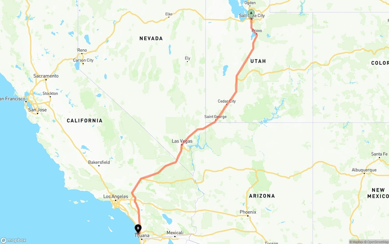 Shipping route from Salt Lake City to San Diego International Airport