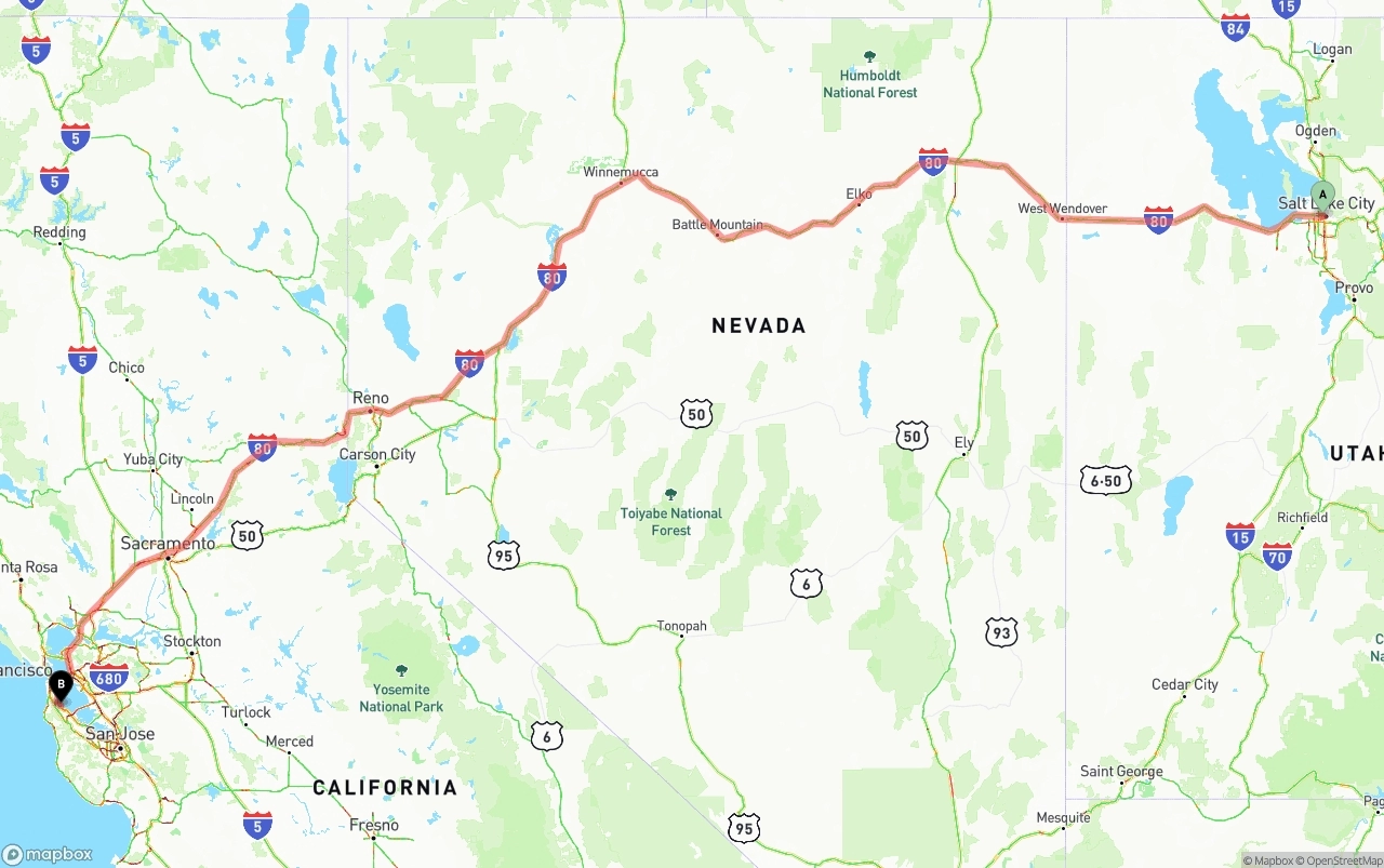 Shipping route from Salt Lake City to San Francisco International Airport
