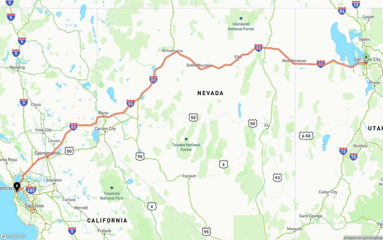 Shipping route from Salt Lake City to San Francisco