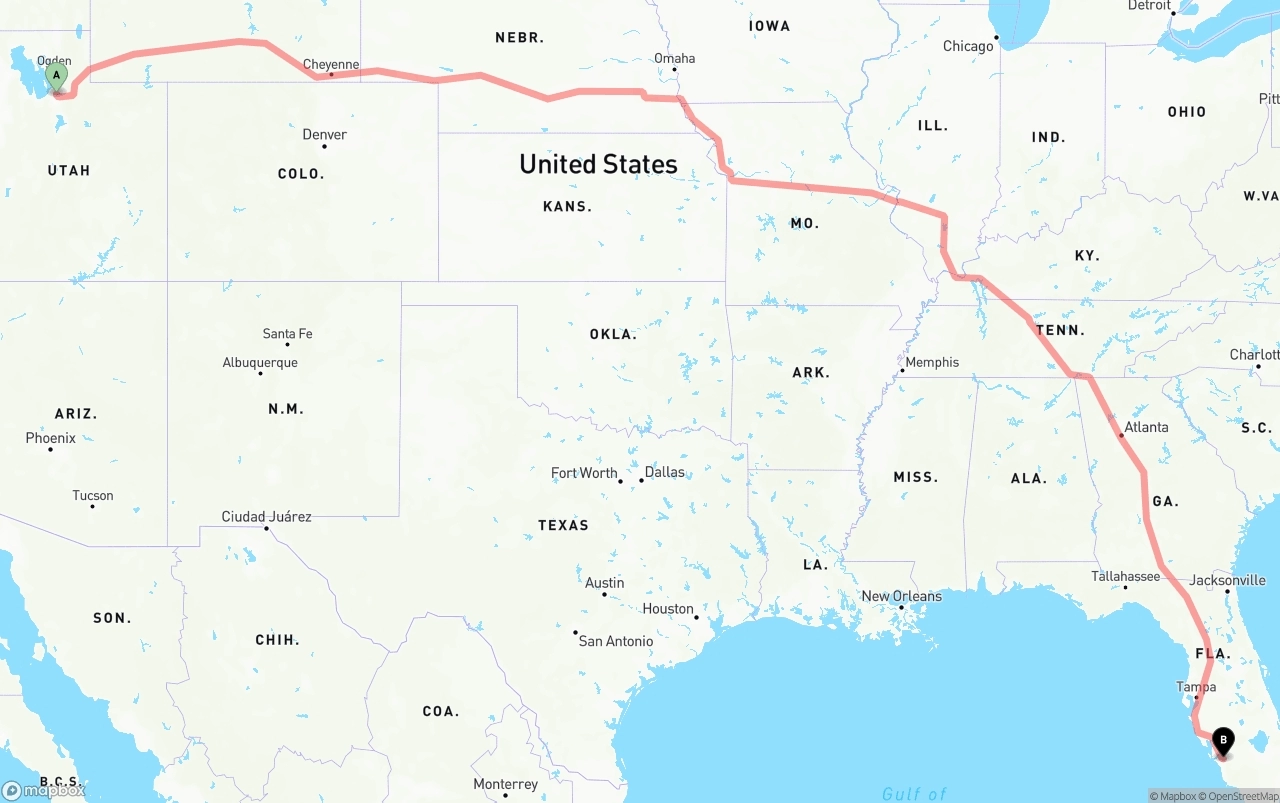 Shipping route from Salt Lake City to Southwest Florida International Airport