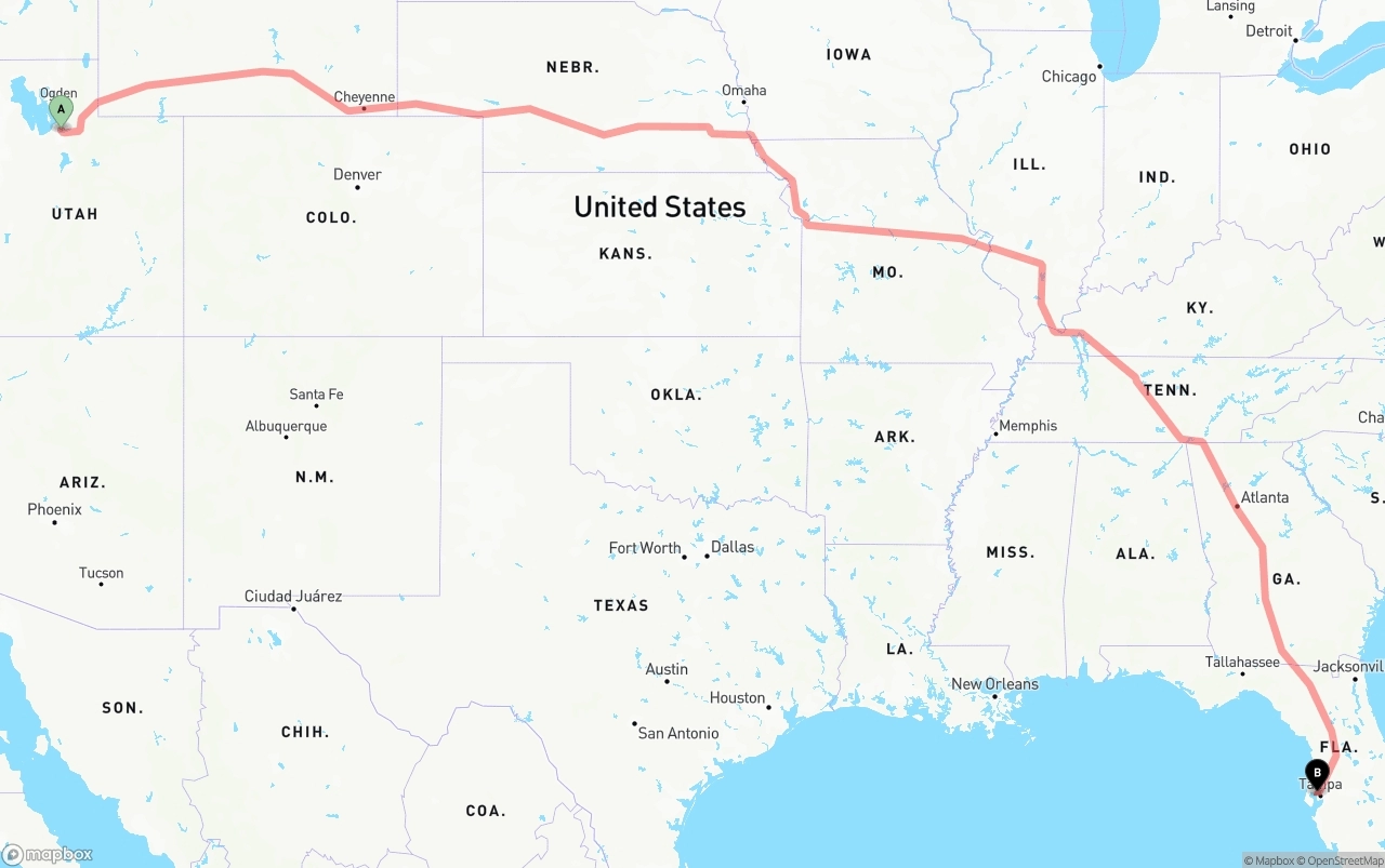 Shipping route from Salt Lake City to Tampa International Airport