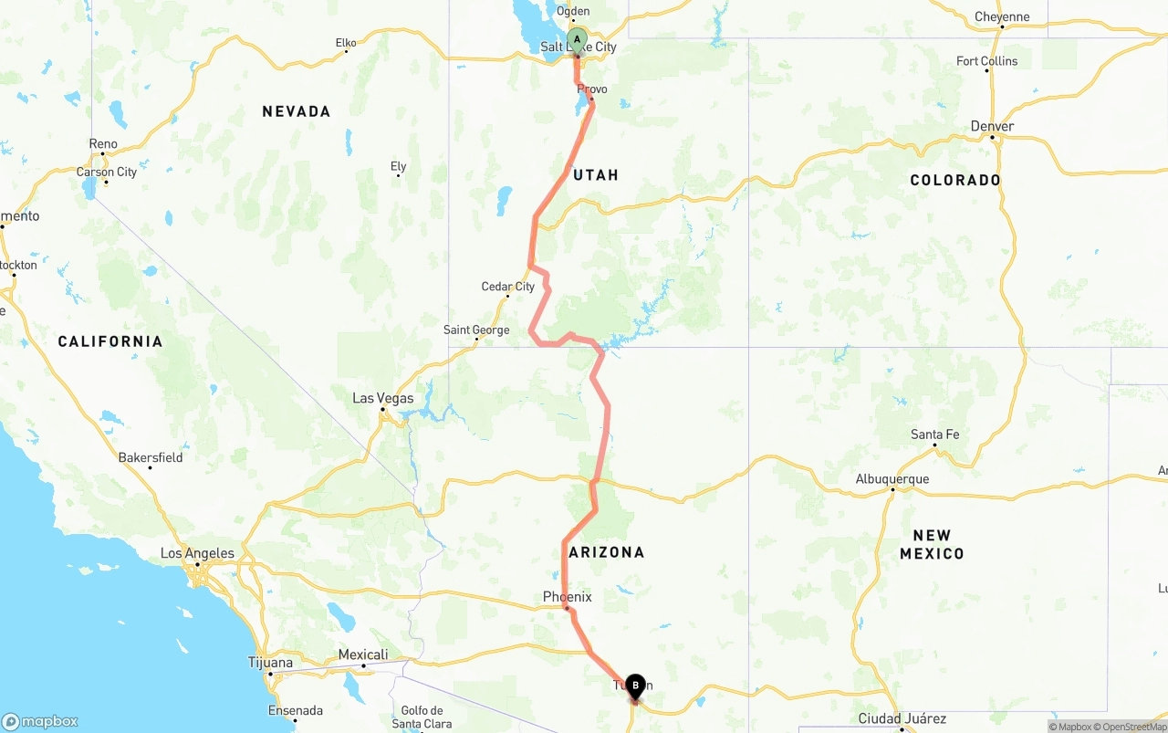 Shipping route from Salt Lake City to Tucson International Airport