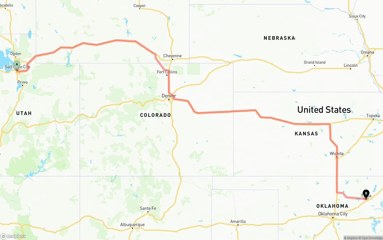 Shipping route from Salt Lake City to Tulsa