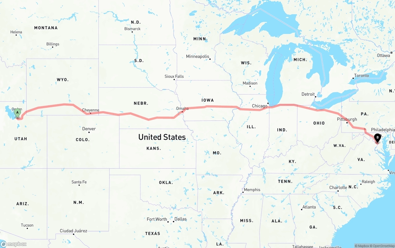 Shipping route from Salt Lake City to Washington D.C.