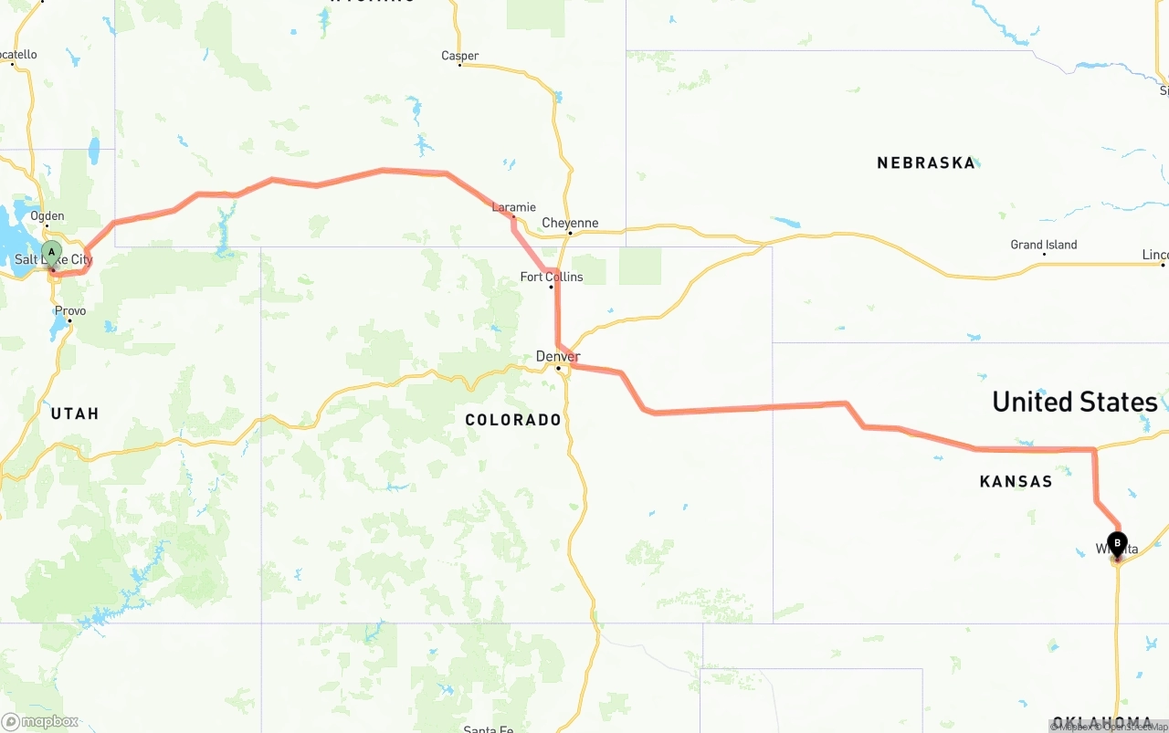 Shipping route from Salt Lake City to Wichita