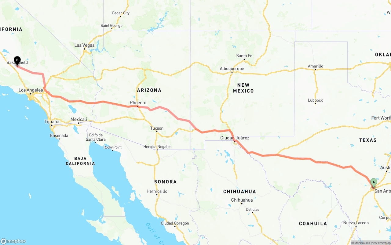 Shipping route from San Antonio to Bakersfield