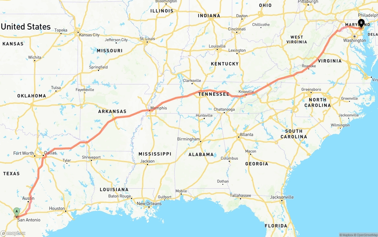 Shipping route from San Antonio to Baltimore