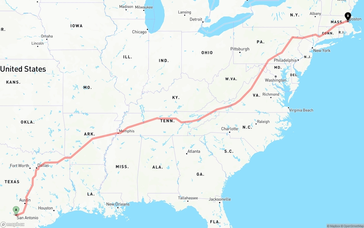 Shipping route from San Antonio to Boston