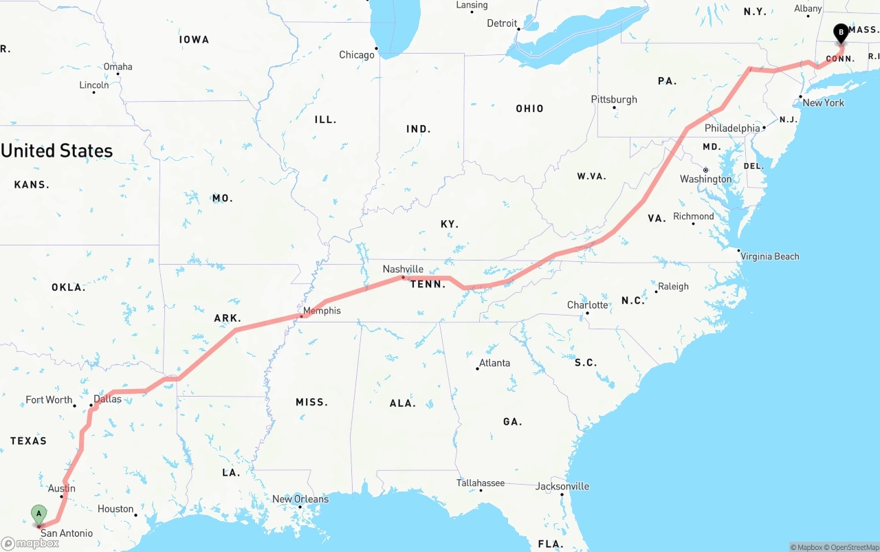 Shipping route from San Antonio to Bradley International Airport