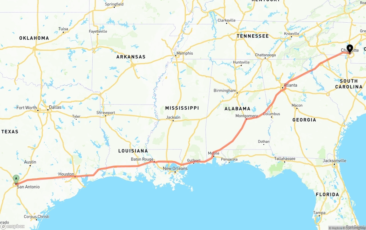 Shipping route from San Antonio to Charlotte