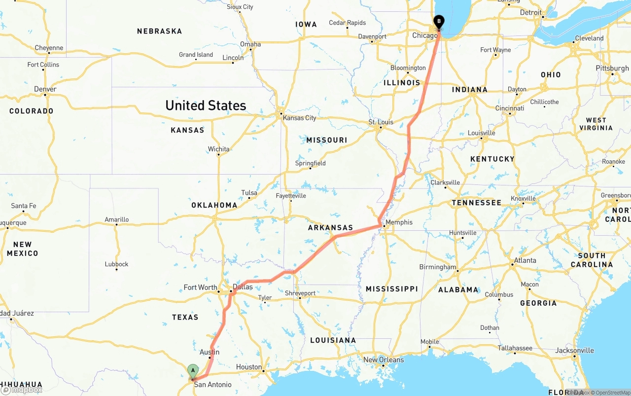 Shipping route from San Antonio to Chicago