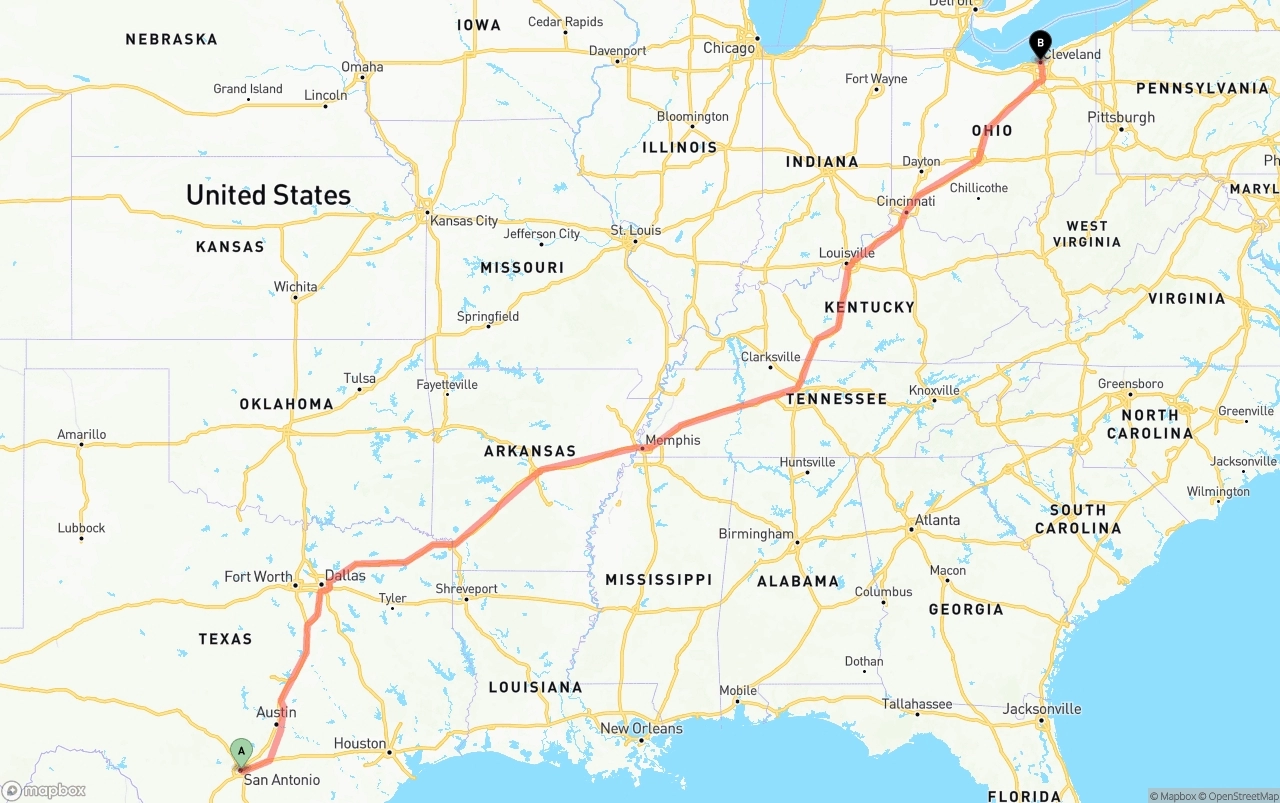 Shipping route from San Antonio to Cleveland