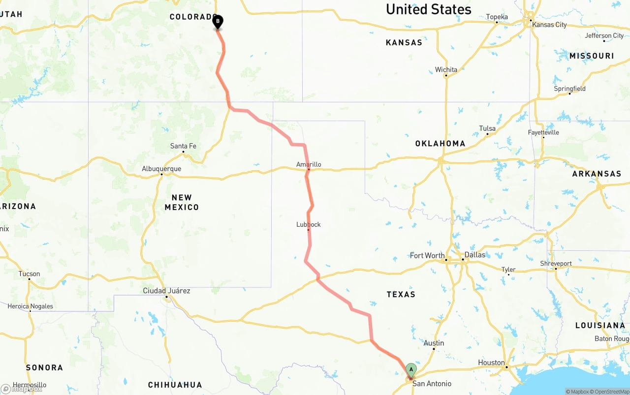 Shipping route from San Antonio to Colorado Springs