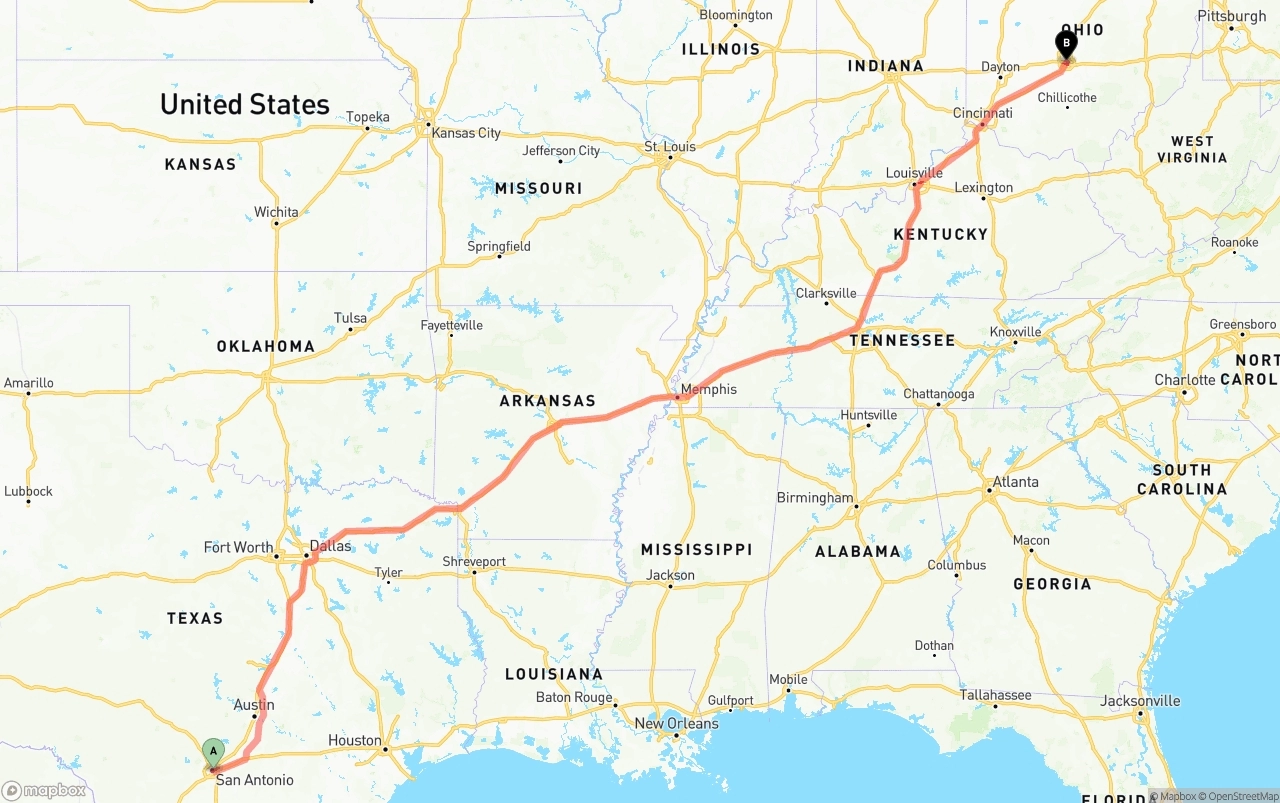 Shipping route from San Antonio to Columbus