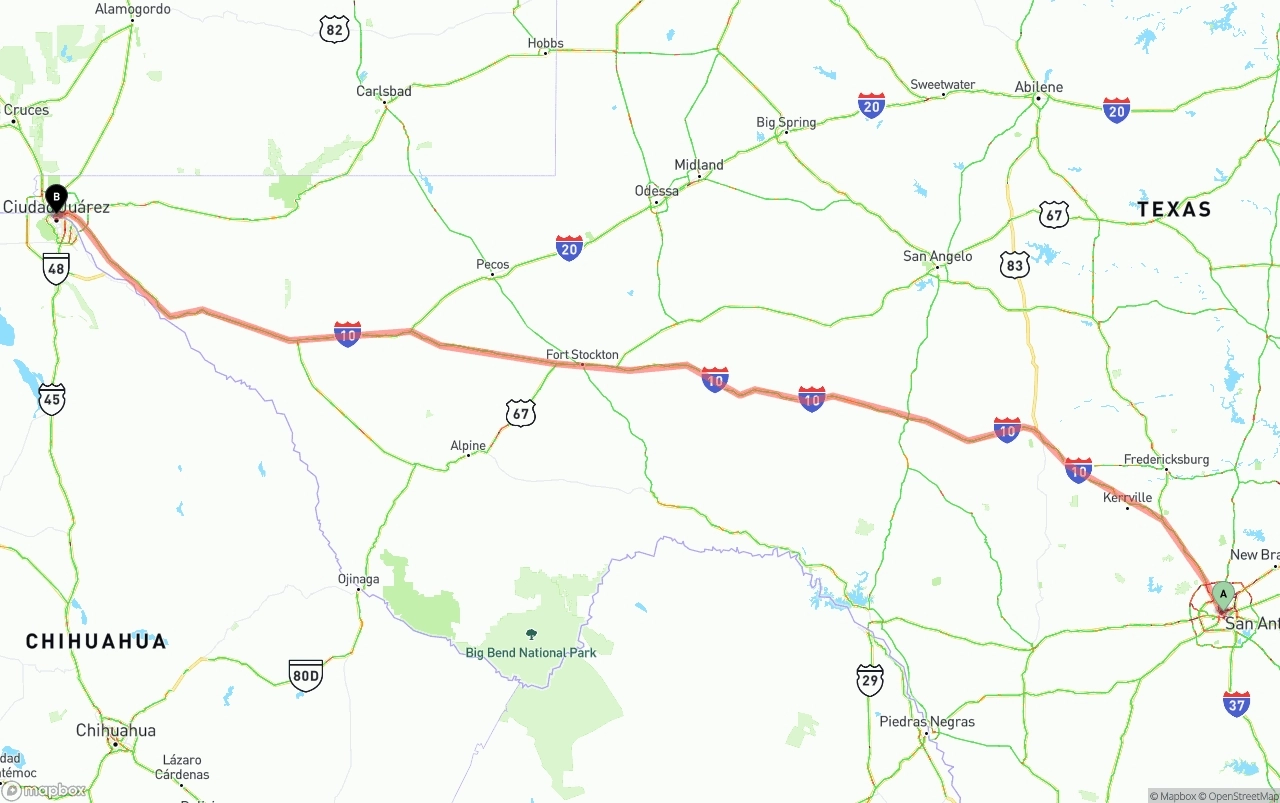 Shipping route from San Antonio to El Paso