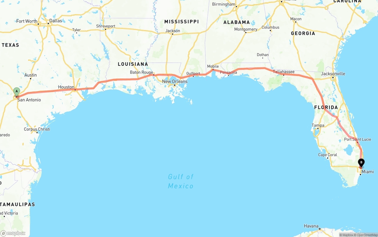 Shipping route from San Antonio to Fort Lauderdale-Hollywood International Airport