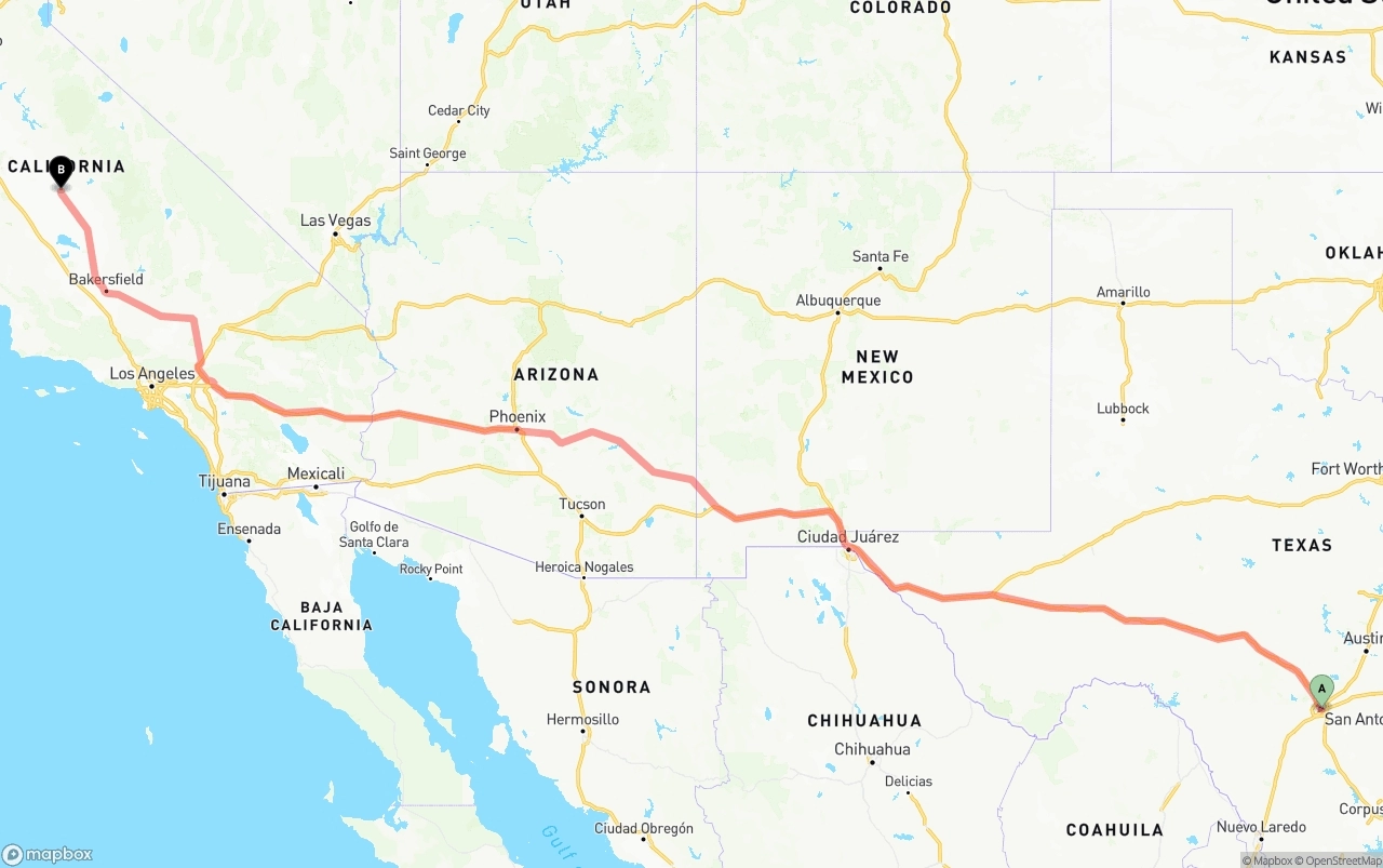 Shipping route from San Antonio to Fresno